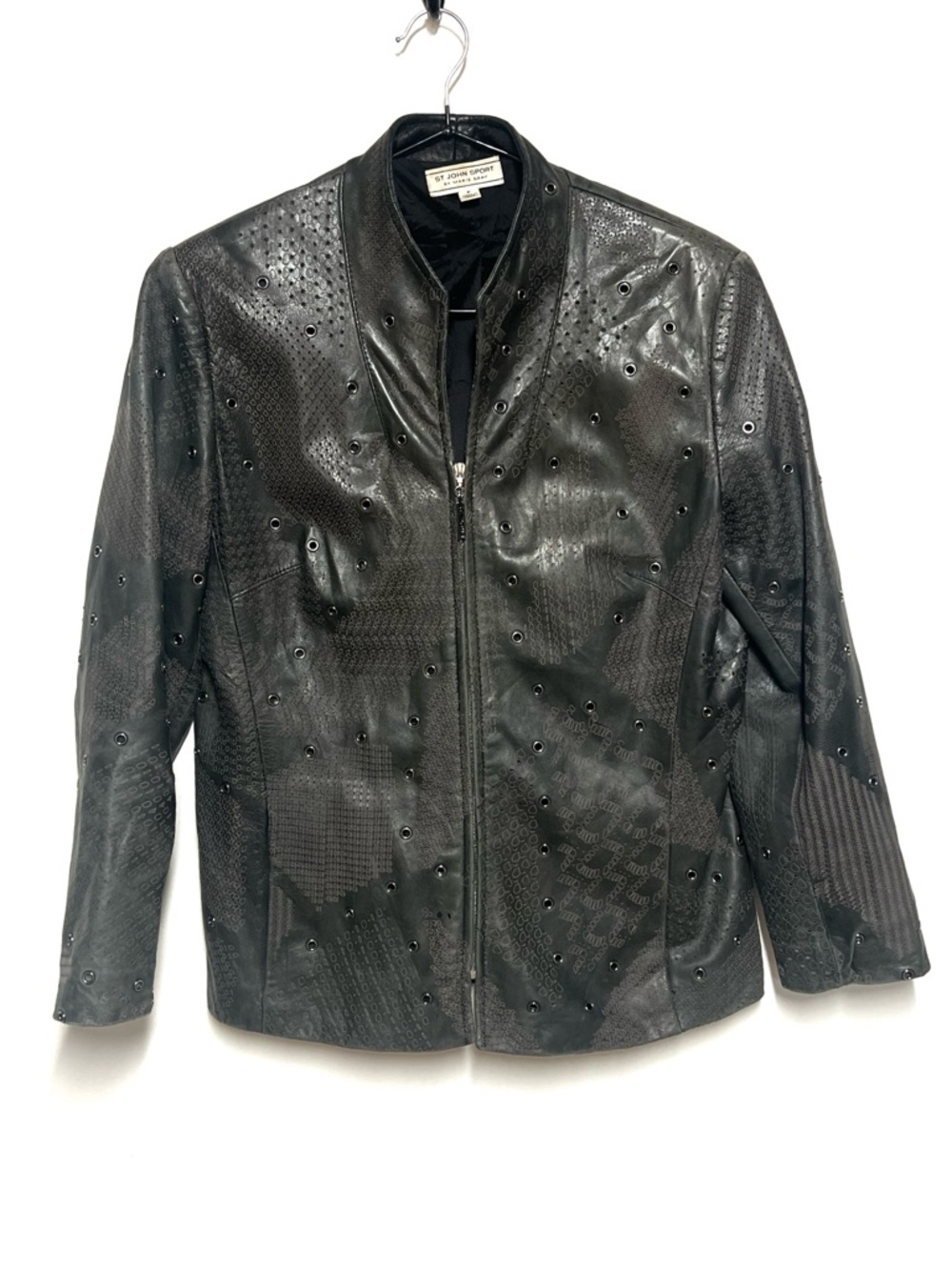 St John Leather Jacket Blk/Brown Leather Embossed Perforated Jacket Sz S Petite